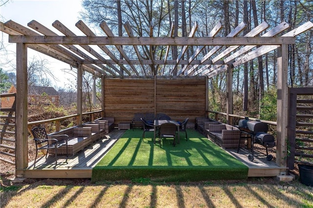 exterior space with a wooden deck, an outdoor living space, and a pergola