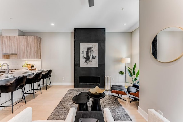 living room featuring light hardwood / wood-style flooring and a multi sided fireplace