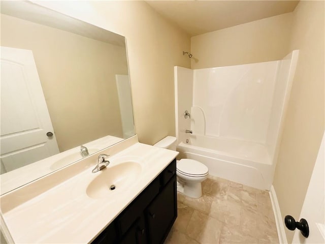 full bath with toilet, bathtub / shower combination, and vanity