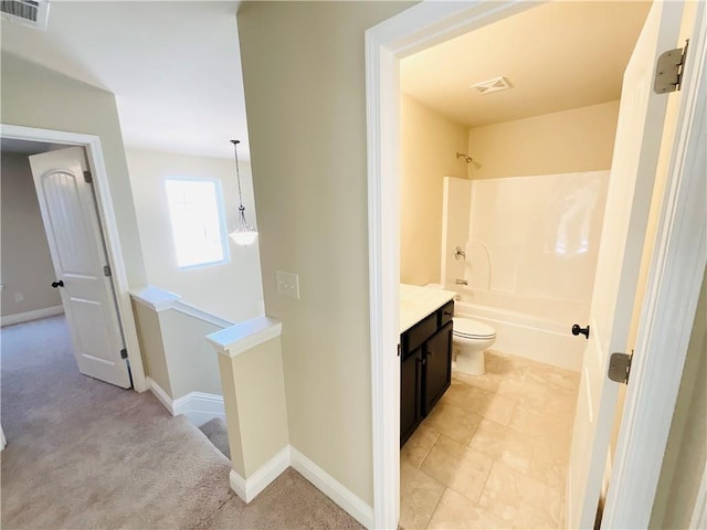 full bath featuring shower / tub combination, vanity, visible vents, and baseboards