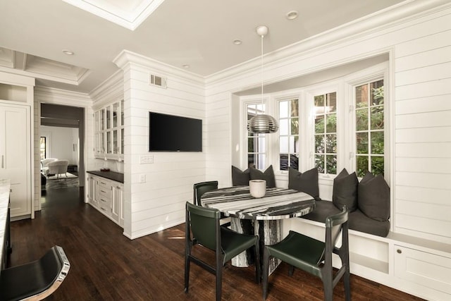 31 Lafayette Dr NE, Atlanta, GA 30309 - dining room featuring ornamental molding, dark wood-type flooring, recessed lighting, and wood walls