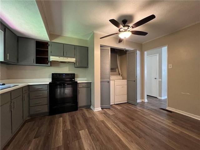 2065 Sandgate Cir, Atlanta, GA 30349 - kitchen with washer / clothes dryer, black / electric stove, gray cabinetry, dark wood-style floors, and crown molding