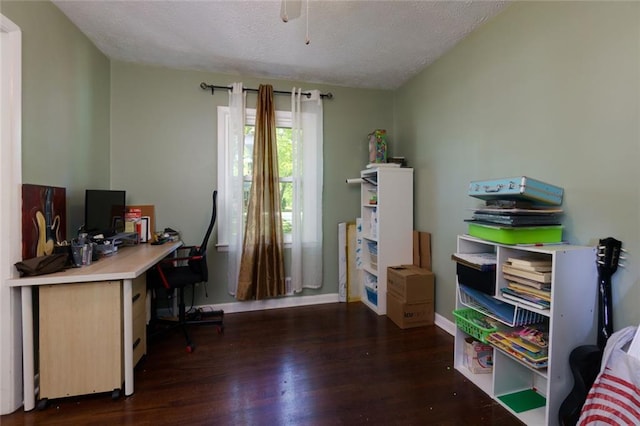 4699 Ballew Dr, Powder Springs, GA 30127 - home office featuring a textured ceiling, baseboards, and dark wood-style floors
