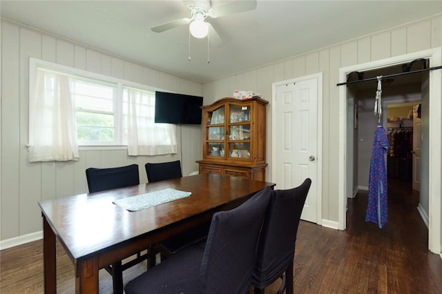 4699 Ballew Dr, Powder Springs, GA 30127 - dining room with ceiling fan, baseboards, and dark wood-style floors