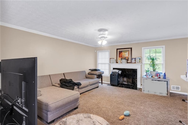 1574 Glenfield Dr, Lawrenceville, GA 30043 - living area with carpet flooring, crown molding, baseboards, a textured ceiling, and a high end fireplace