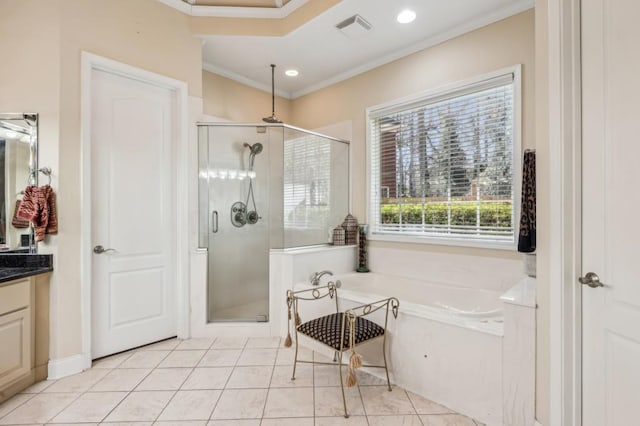 bathroom featuring crown molding, visible vents, a shower stall, vanity, and a bath