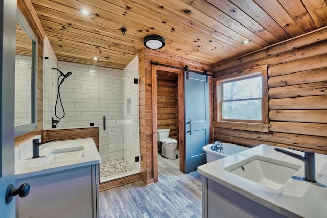 bathroom featuring wooden ceiling, wood finished floors, vanity, a shower stall, and log walls