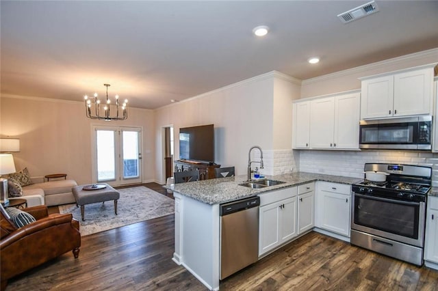 kitchen featuring white cabinetry, appliances with stainless steel finishes, kitchen peninsula, and sink