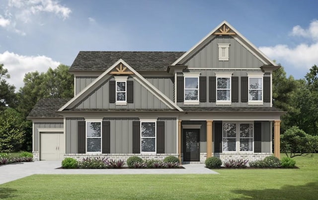 craftsman-style house featuring driveway, an attached garage, board and batten siding, and a front yard