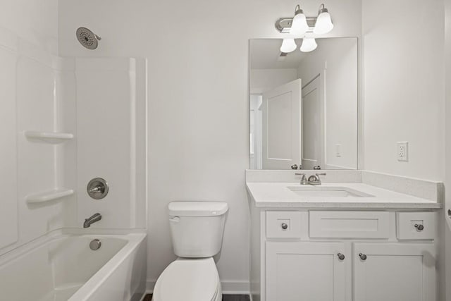 bathroom featuring vanity, shower / tub combination, toilet, and baseboards