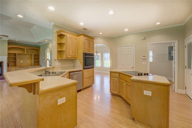172 Lakeview Dr, Newborn, GA 30056 - kitchen with appliances with stainless steel finishes, arched walkways, ornamental molding, open shelves, and a center island