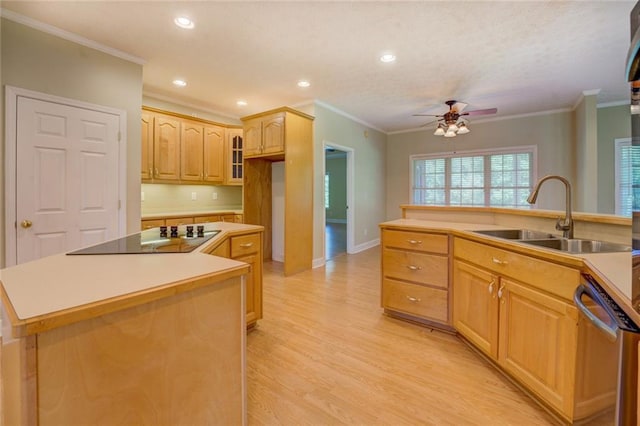 172 Lakeview Dr, Newborn, GA 30056 - kitchen with stainless steel dishwasher, black electric cooktop, a ceiling fan, a kitchen island, and light wood-style floors