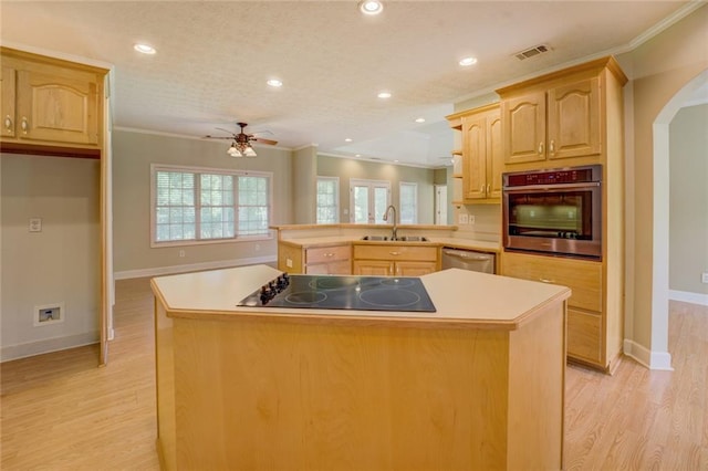 172 Lakeview Dr, Newborn, GA 30056 - kitchen with stainless steel appliances, light brown cabinetry, arched walkways, crown molding, and ceiling fan