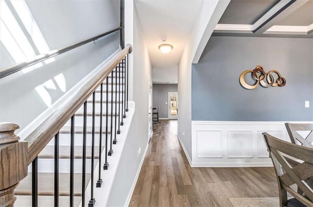 interior space featuring wainscoting, wood finished floors, and a decorative wall