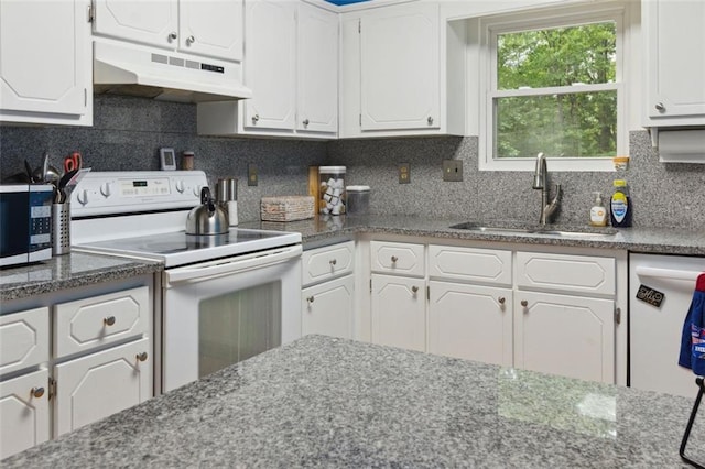 141 Mills Creek Path, Hiram, GA 30141 - kitchen featuring white appliances, under cabinet range hood, a sink, white cabinetry, and backsplash