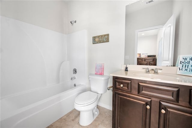 bathroom with toilet, baseboards, shower / bathing tub combination, and vanity