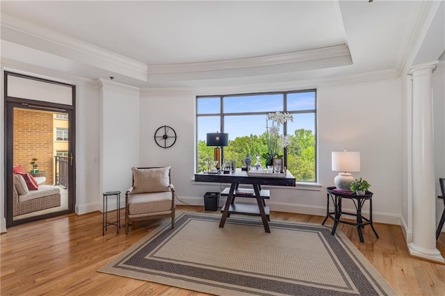 living area featuring crown molding, a raised ceiling, and decorative columns