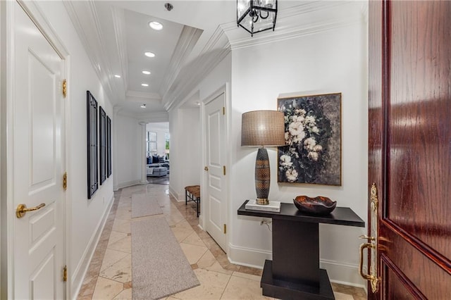 corridor with recessed lighting, baseboards, ornamental molding, and tile patterned flooring