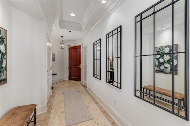 corridor with recessed lighting, ornamental molding, baseboards, and tile patterned flooring