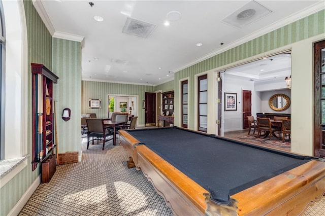 recreation room with crown molding, pool table, and wallpapered walls