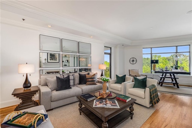 living area featuring ornamental molding and light wood-style flooring