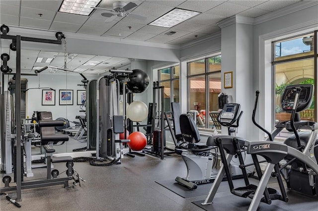 exercise room with crown molding, ceiling fan, a healthy amount of sunlight, and visible vents