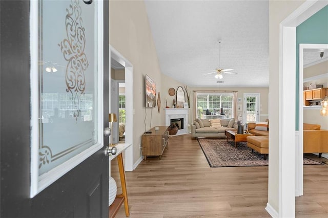 1865 Morgans Run Trl, Buford, GA 30519 - foyer featuring ceiling fan, light wood finished floors, a fireplace, and baseboards