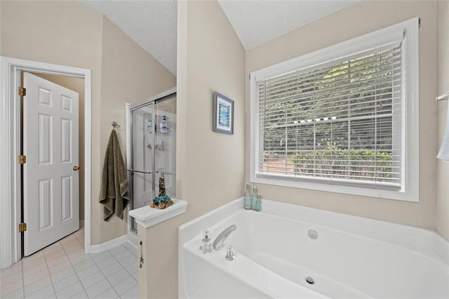 1865 Morgans Run Trl, Buford, GA 30519 - full bath featuring a garden tub, a stall shower, tile patterned floors, baseboards, and a textured ceiling