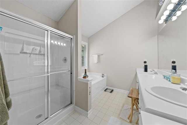 1865 Morgans Run Trl, Buford, GA 30519 - full bathroom featuring tile patterned floors, a shower stall, a garden tub, double vanity, and lofted ceiling