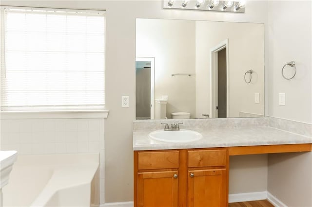 bathroom with toilet, vanity, and a bathing tub