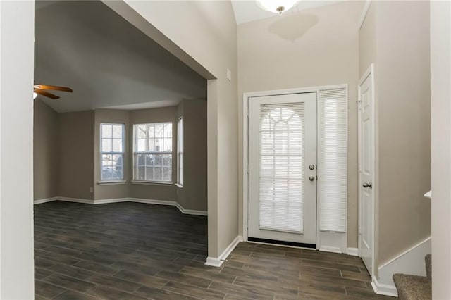 entryway featuring ceiling fan and vaulted ceiling