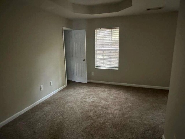 carpeted empty room featuring a raised ceiling