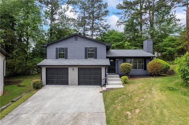 2246 Hightrail Ct, Lithonia, GA 30058 - tri-level home featuring an attached garage, driveway, a front yard, and a shingled roof