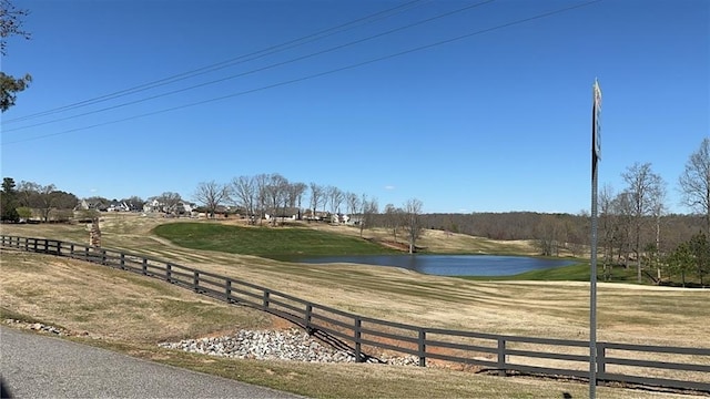 view of community with a yard and a water view