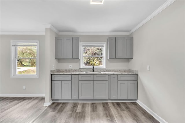 kitchen featuring crown molding, plenty of natural light, gray cabinets, and sink