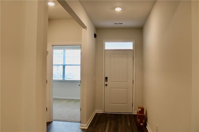 entryway with dark hardwood / wood-style flooring