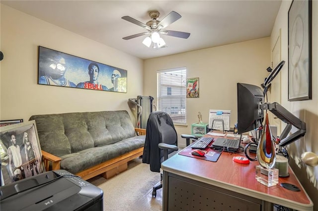 office area featuring carpet floors and ceiling fan