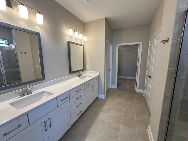bathroom with baseboards, a sink, a spacious closet, and double vanity