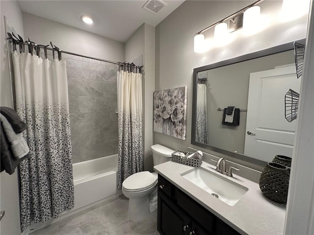 full bath with vanity, shower / bathtub combination with curtain, toilet, and visible vents