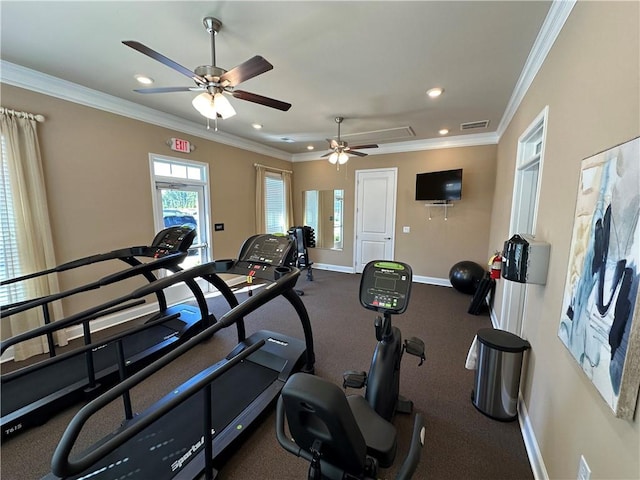 exercise room featuring baseboards, a ceiling fan, visible vents, and recessed lighting