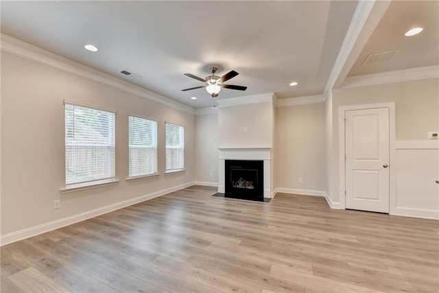 1431 Winding Ridge Trl, Buford, GA 30548 - unfurnished living room with a ceiling fan, light wood-style flooring, recessed lighting, a fireplace with flush hearth, and crown molding