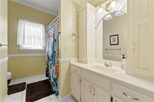 bathroom featuring curtained shower, tile patterned flooring, vanity, baseboards, and ornamental molding