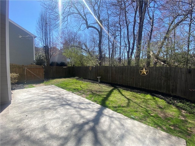 view of yard featuring a patio, a fenced backyard, and a gate