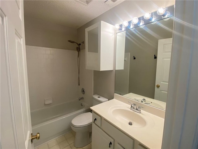 bathroom featuring shower / tub combination, a textured ceiling, toilet, and vanity