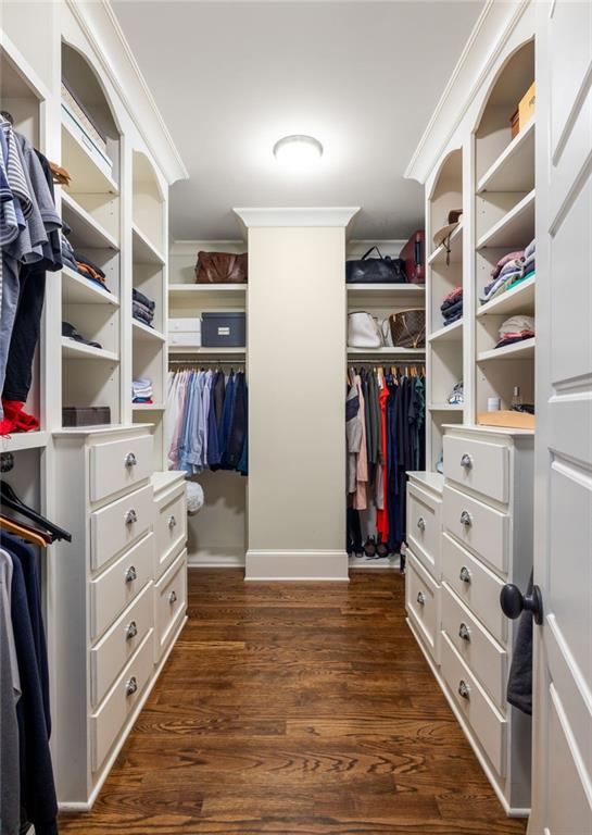 spacious closet with dark hardwood / wood-style floors