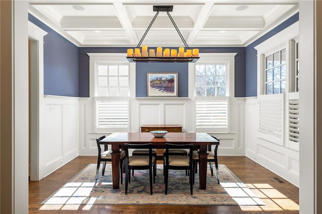 dining area with coffered ceiling, beam ceiling, and dark hardwood / wood-style floors