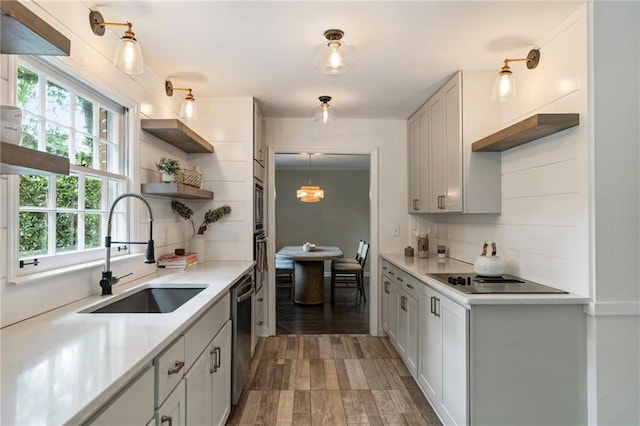 kitchen with a sink, open shelves, black electric cooktop, stainless steel dishwasher, and light countertops