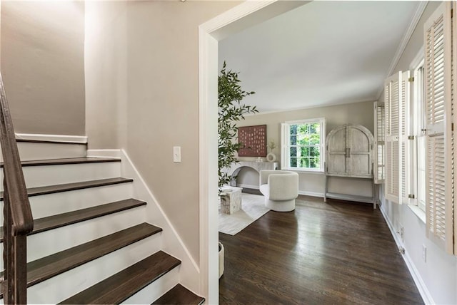 staircase with wood finished floors and baseboards