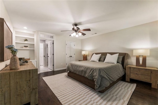 bedroom featuring dark wood-type flooring, baseboards, ceiling fan, and recessed lighting