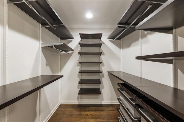 walk in closet with dark wood-type flooring